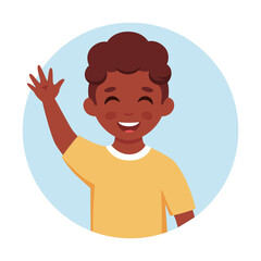Black boy smiling and waving hand. Elementary school student. Vector illustration