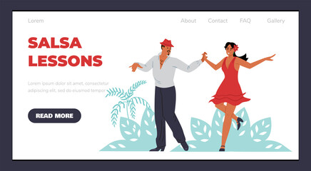 Web page banner for salsa lessons with dancers flat vector illustration.