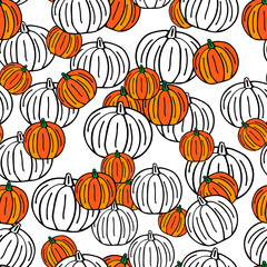 Beautiful bright orange pumpkins for holiday halloween isolated on a white background. Seamless pattern