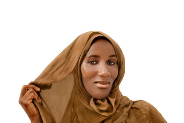 Beautiful African woman wearing an embroidered veil, isolated (cut out), white background