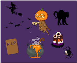 Objects Pumpkin Orange Halloween Day 31 October Party Design with Cat Bat Black and Candy