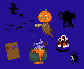 Objects Pumpkin Orange Halloween Day 31 October Party Design with Cat Bat Black and Candy
