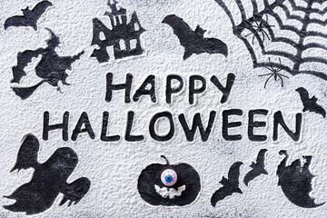 Halloween witch scary elements, funny recipe for party.  Silhouettes of pumpkin ghosts bats web on...