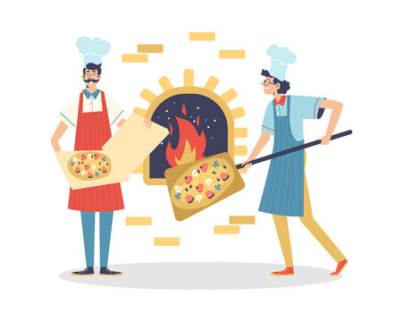Pizzeria restaurant chefs bake pizza in stove, flat vector illustration isolated.