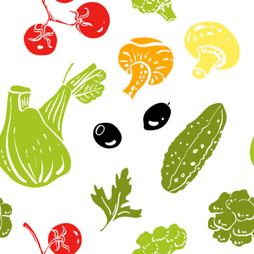 Seamless pattern with vegetables. Colorful paper cut collection of vegetables and herbs isolated on white background. Doodle hand drawn vector illustration