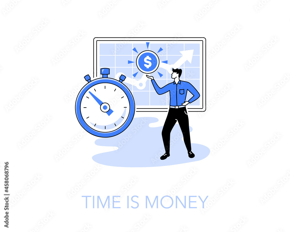 Poster illustration of time is money symbol with a stopwatch and manager holding a dollar coin. easy to use