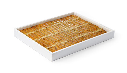 Assortment of Turkish baklava dessert in a white box isolated on white