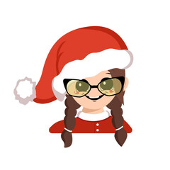 Avatar of girl with big eyes and glasses, wide happy smile in red Santa hat. Cute kid with a joyful face in a festive costume for New Year and Christmas. Head of adorable child with joyful emotions