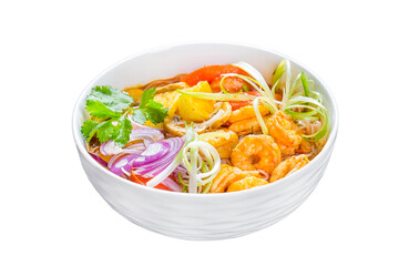 vietnamese cuisine, soup tom yum bowl with shrimp, on a white isolated background, top