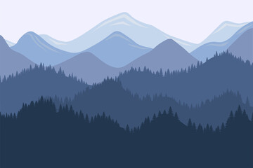 Mountain range morning landscape with fog and forest. Sunrise and sunset in mountains vector horizontal eps illustration
