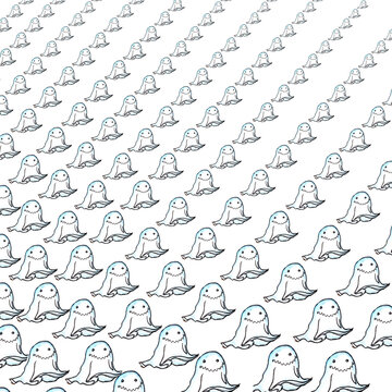 Pattern folla di piccoli e allegri fantasmi, illustrazione isolata su sfondo bianco