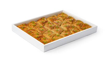 Assortment of Turkish baklava dessert in a white box isolated on white