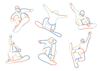 スノーボードをする人物の線画イラストセット