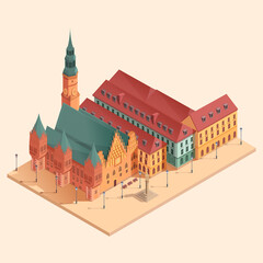 isometric cartoon central square of wroclaw city, vector illustration