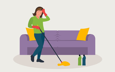 Tired girl washes the floors in the room, household chores. Cleaning of the apartment, putting things in order. Vector illustration.