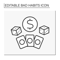 Addiction line icon. Compulsive gambling. Uncontrollable urge to keep gambling. Casino jackpot, playing cards.Bad habits concept. Isolated vector illustration. Editable stroke