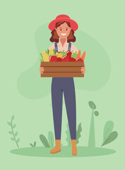 A young farmer at a farmers market sells vegetables. Vector illustration.