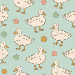 Vector seamless pattern with duck and apples. Domestic duck and multicolor apples on light blue background.