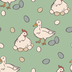 Vector seamless pattern with duck and brood hen. Domestic birds and eggs on light green background.