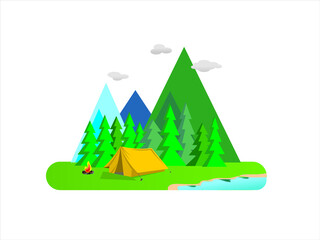 Camping tent illustration with forest and mountains view