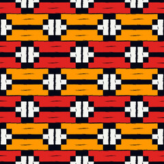 Ethnic motif handdrawn print. Paint brush strokes geometric seamless pattern. Freehand indigenous style background. Folk, tribal ornament. Artistic hand drawn geo design