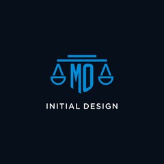 MO monogram initial logo with scales of justice icon design inspiration