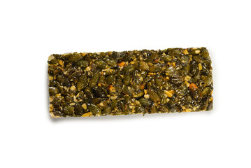 Bar with nuts isolated on a white background. Pumpkin seeds bar.