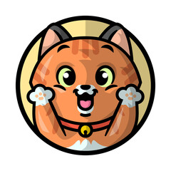 A CUTE ORANGE CAT IS SMILING AND RAISING HIS HANDS. CARTOON MASCOT.