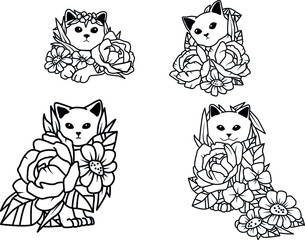 Vector doodle coloring book page of cute cat in flowers. Antistress for adults and children
