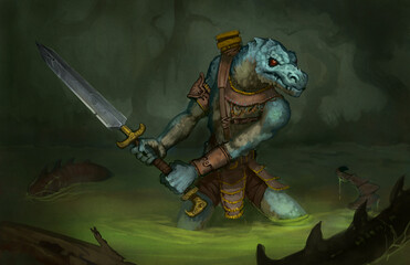 Digital painting of a lizard warrior with a large sword walking through a swamp environment hunting an dangerous predator - fantasy illustration - obrazy, fototapety, plakaty