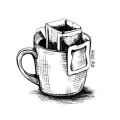 Black drip coffee sketch cup in retro style on white background. Hand drawn vector vintage illustration. Isolated icon. Art graphic.