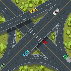 Aerial top view highway junction, cross roads, interchange and expressway is an important infrastructure, vector illustration - obrazy, fototapety, plakaty
