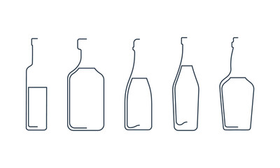 Bottle continuous line vodka, rum, champagne, vermouth, whiskey and in linear style on white background. Solid black thin outline. Modern flat style graphic design. Logo element illustration.