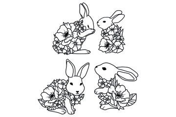 Vector doodle coloring book page of cute rabbit in flowers. Antistress for adults and children