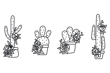 Fototapeta premium Cactus vector illustrations. Hand drawn outline cactus set. Cactus plants nature elements