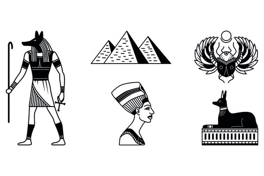 Egypt thin line icons of ancient gods and religion symbols. Sphinx, pharaoh pyramids and Anubis, Ankh, Horus eye and Tutankhamun. Text on paper - Anubis god and Egypt
