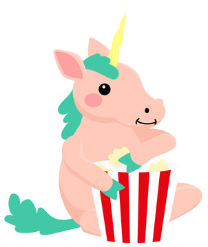 Pink unicorn sitting and  eating popcorn from striped bucket. Vector cute illustration isolated on white.