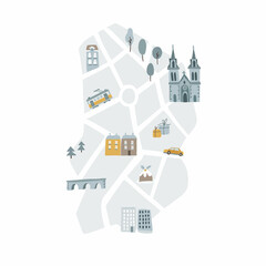 Cute Christmas greeting card, invitation with map of town, city. Hand drawn streets, church and houses. Tram and car. Winter flat design with bridge and trees. Vector illustration background.