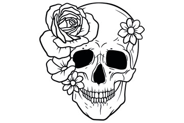 Set of skulls with flowers. Collection of human skull portrait with floral wreath. Vector illustration isolated on white background.
