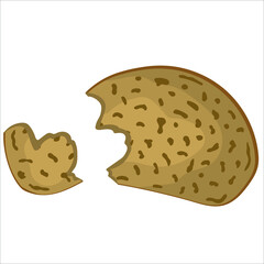 Hand-drawn broken piece of dark bread isolated on white background.  Food waste. Vector illustration