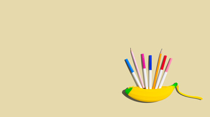 Banana shaped pen case with colorful pens and pencils