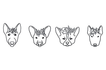 Dogs head is flowered, Lush bright wreath on a dog head, Symbol of India, Vector illustration of hand draw, Feshin symbol of the new year.