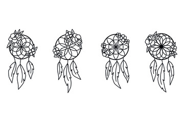 Hand drawn Native American Indian talisman dreamcatcher with feathers and moon. Vector hipster illustration isolated on white. Ethnic design, boho chic, tribal symbol. Coloring book for adults.