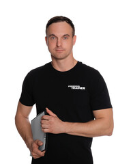 Personal trainer with clipboard on white background. Gym instructor