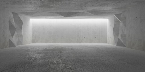 Abstract empty, modern concrete room with indirect lighting from back side wall, random shifted polygon element and rough floor - industrial interior background template