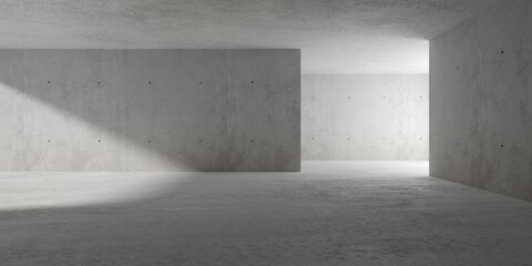 Abstract empty, modern concrete room with indirect lighting from right side wall, sunlight and rough floor - industrial interior background template