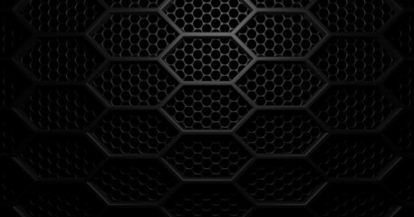 Double layer black thin hexagon honeycomb grid grill background with light from above - obrazy, fototapety, plakaty
