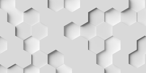 Modern minimal white random inset honeycomb hexagon geometrical pattern background flat lay top view from above