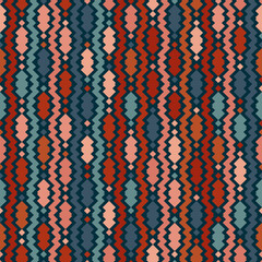 Vintage vector ethnic pattern. Illustration with brown, teal, pink zigzag shapes, lines. Ornament is used in the design of carpets, textiles, clothing, wallpaper, cover, packaging