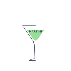 Martini glass in minimalist linear style. Contour of the glassware on left side in form of fine black line. Drink is depicted in form of shape with colored fill. Isolated image on white background